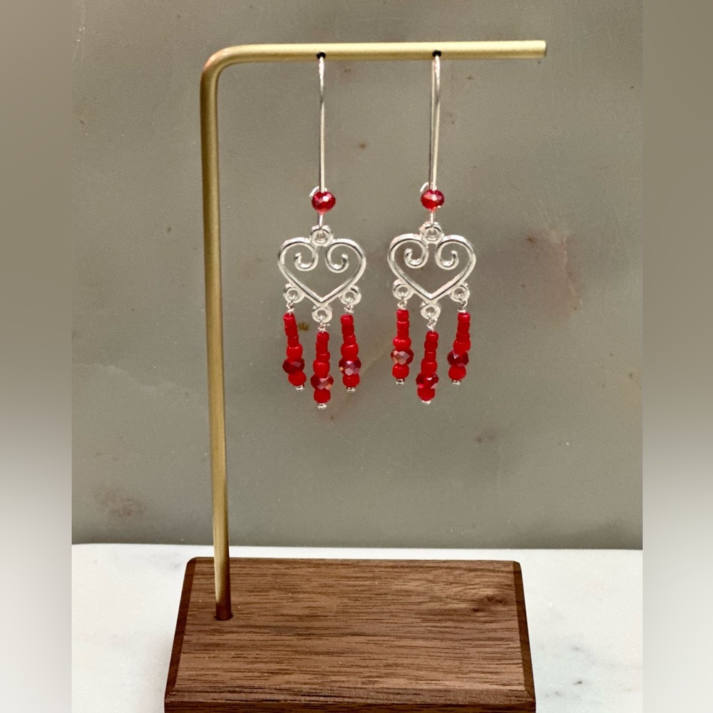 Heart Charm Dangle Earrings- Hypoallergenic- Red Beaded Earrings- Handmade!